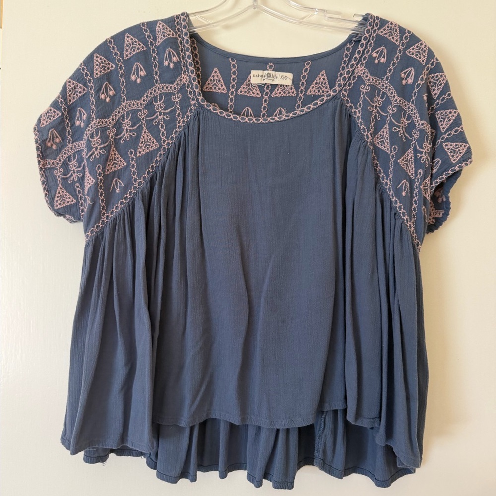 NATURAL LIFE Blue Blouse with Pink Embroidery